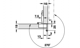 Hafele - Петля Aximat 100SM регулюв.в 2 вимірах накладна свердл.45/9.5 товщ.бок.стінки 16 мм для кут.кріпл. - 344.36.000